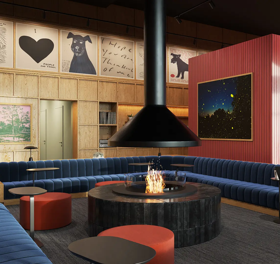 lobby with a fireplace